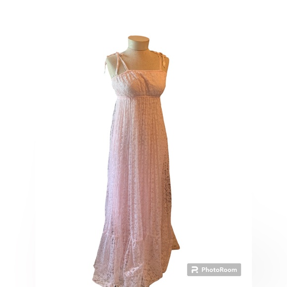 Vintage America Dresses & Skirts - Vintage 70's Beautiful Pale Pink Pleated Lace Dress Ribbon Straps Cottage Core